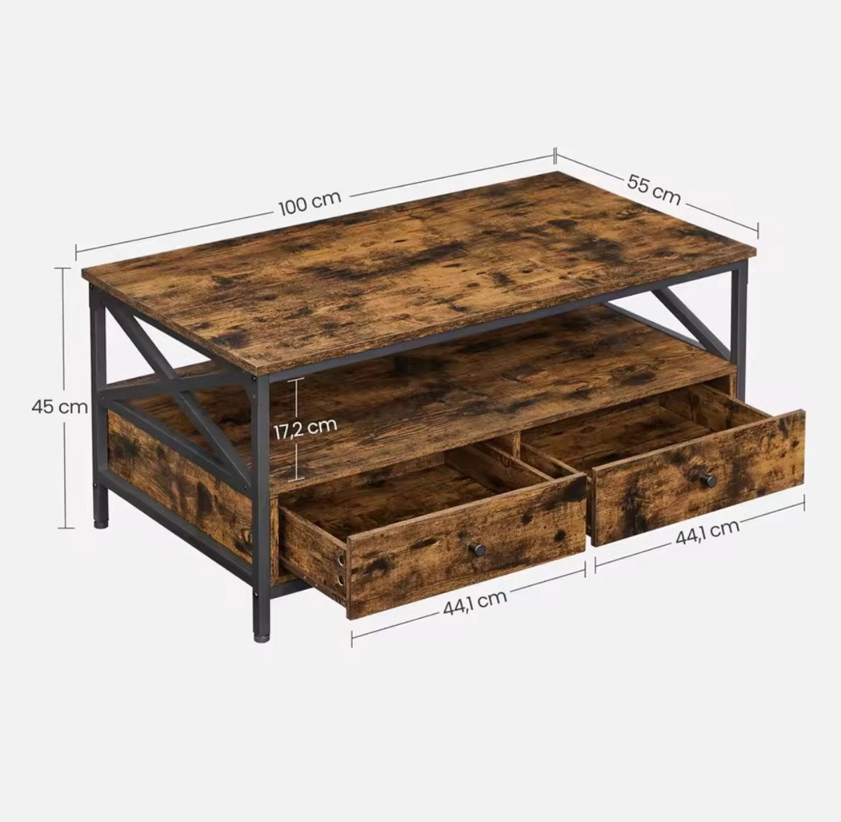 Industriële salontafel met twee lades – Bruin en zwart – productfoto 4