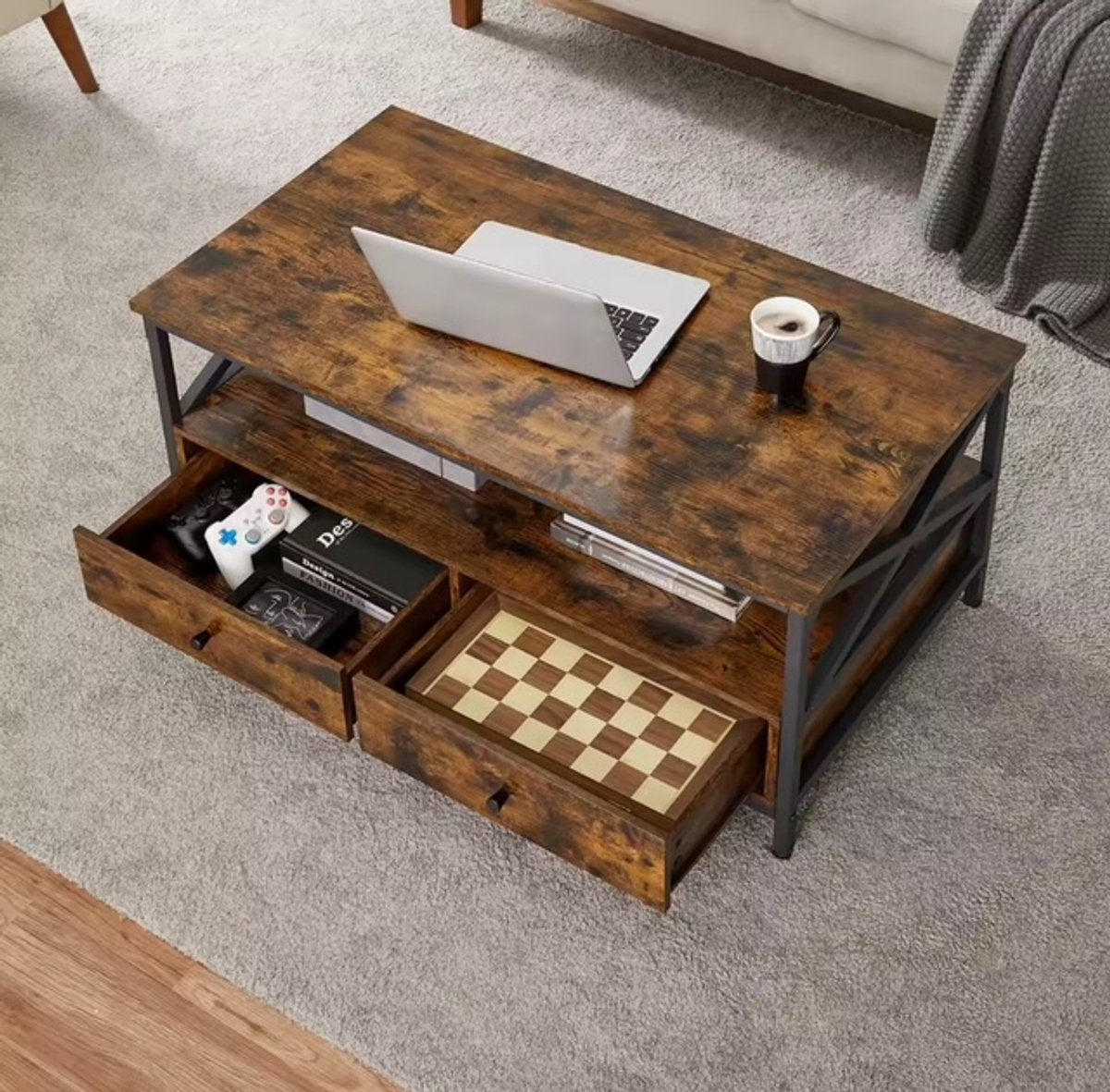 Industriële salontafel met twee lades – Bruin en zwart – productfoto 5