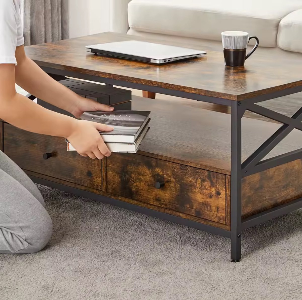 Industriële salontafel met twee lades – Bruin en zwart – productfoto 3