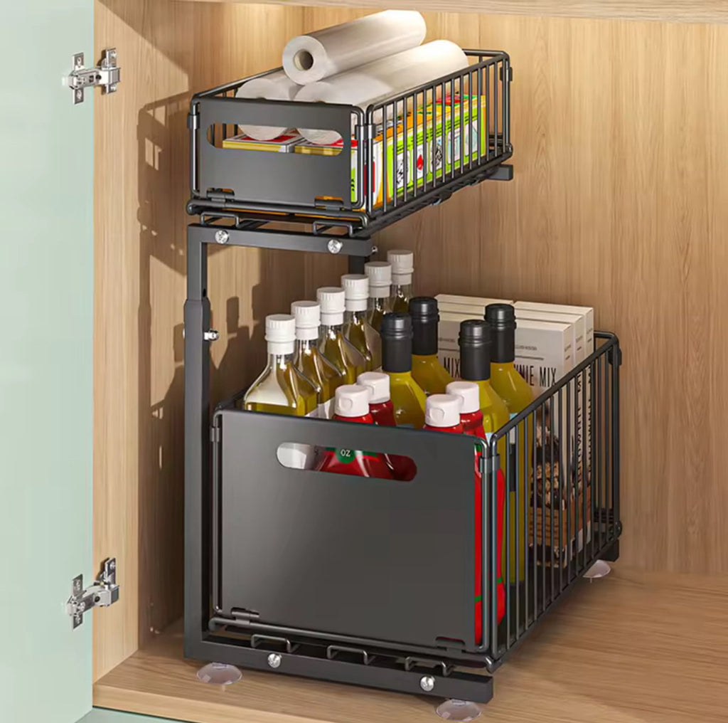 Uitschuifbare gootsteenkast-organizer – Twee lagen – Zwart – productfoto 3