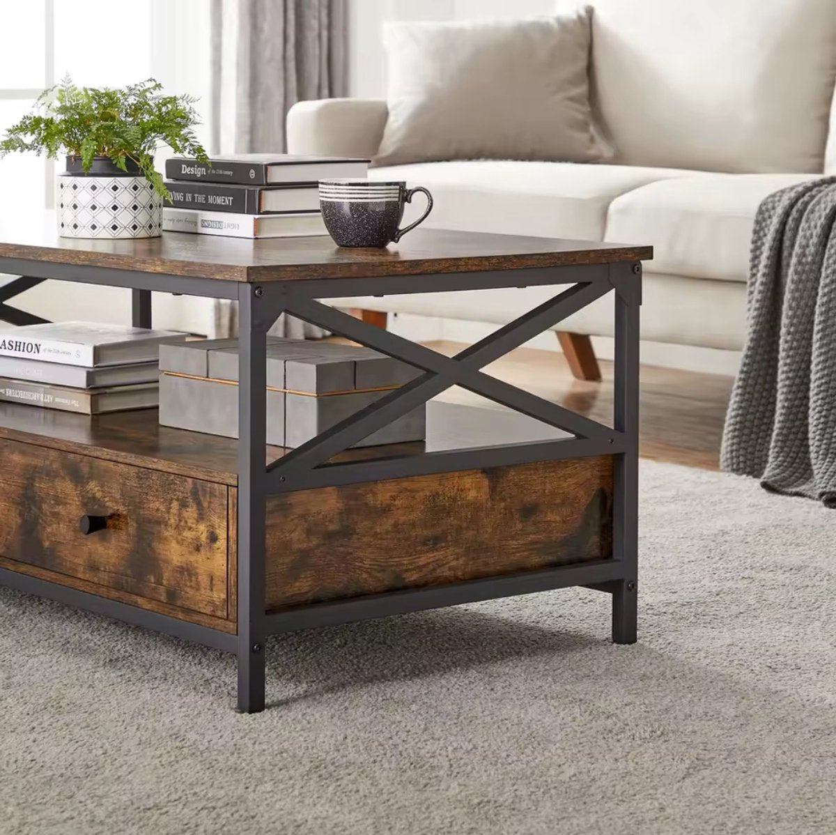 Industriële salontafel met twee lades – Bruin en zwart – productfoto 2