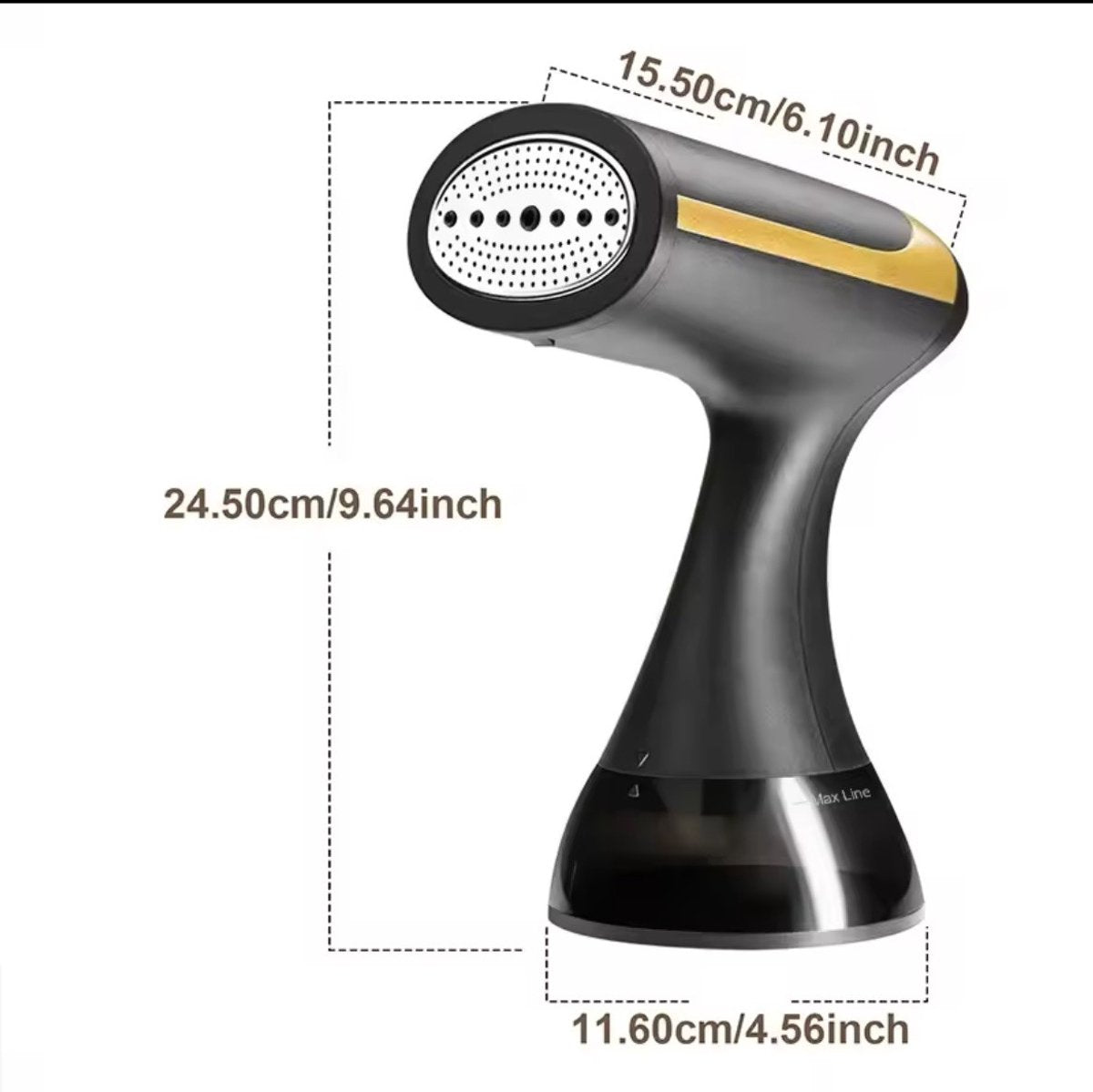 Handheld kledingstomer – Zwart en goudkleurig – productfoto 2