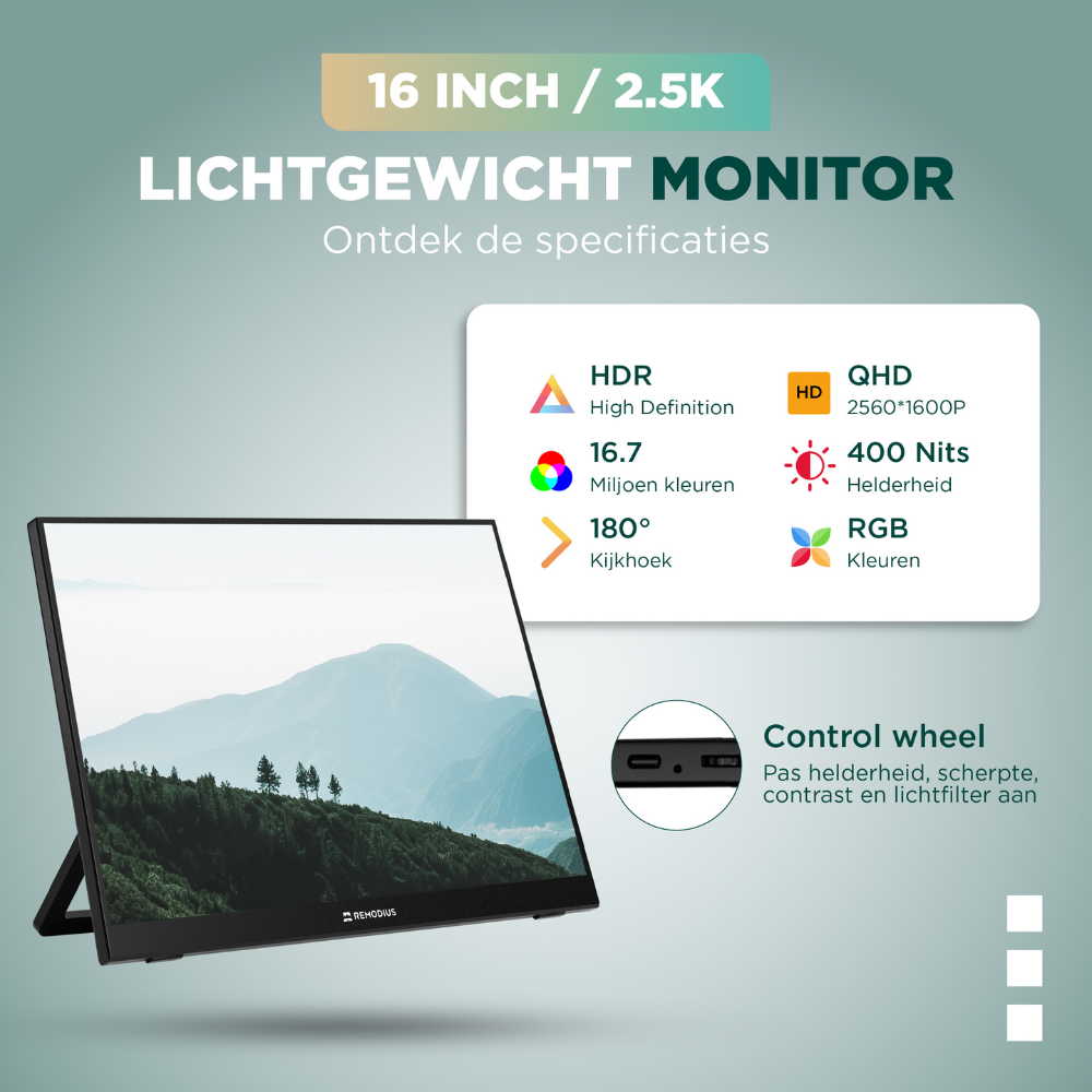 Remodius draagbare monitor 16 inch – 2.5K IPS, USB-C en HDMI