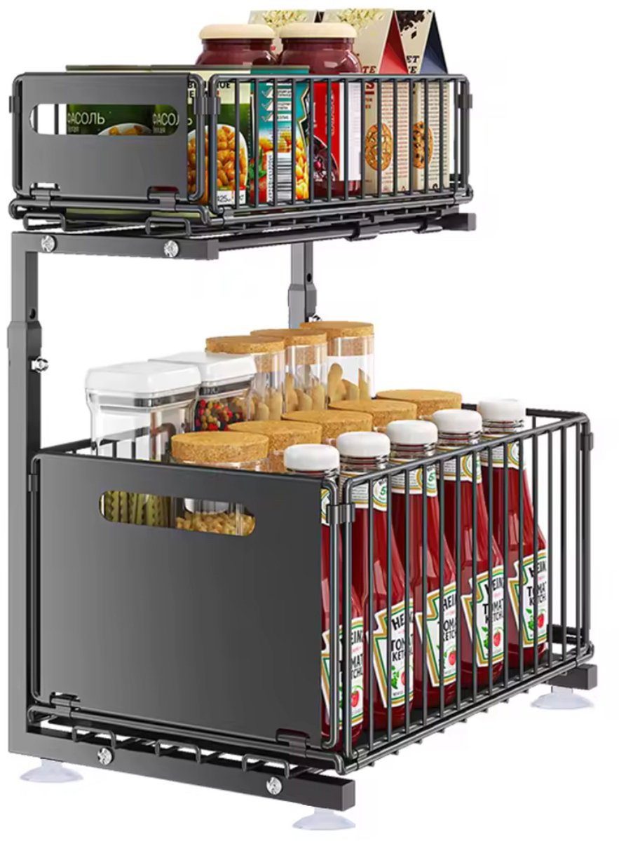 Uitschuifbare gootsteenkast-organizer – Twee lagen – Zwart – productfoto 2