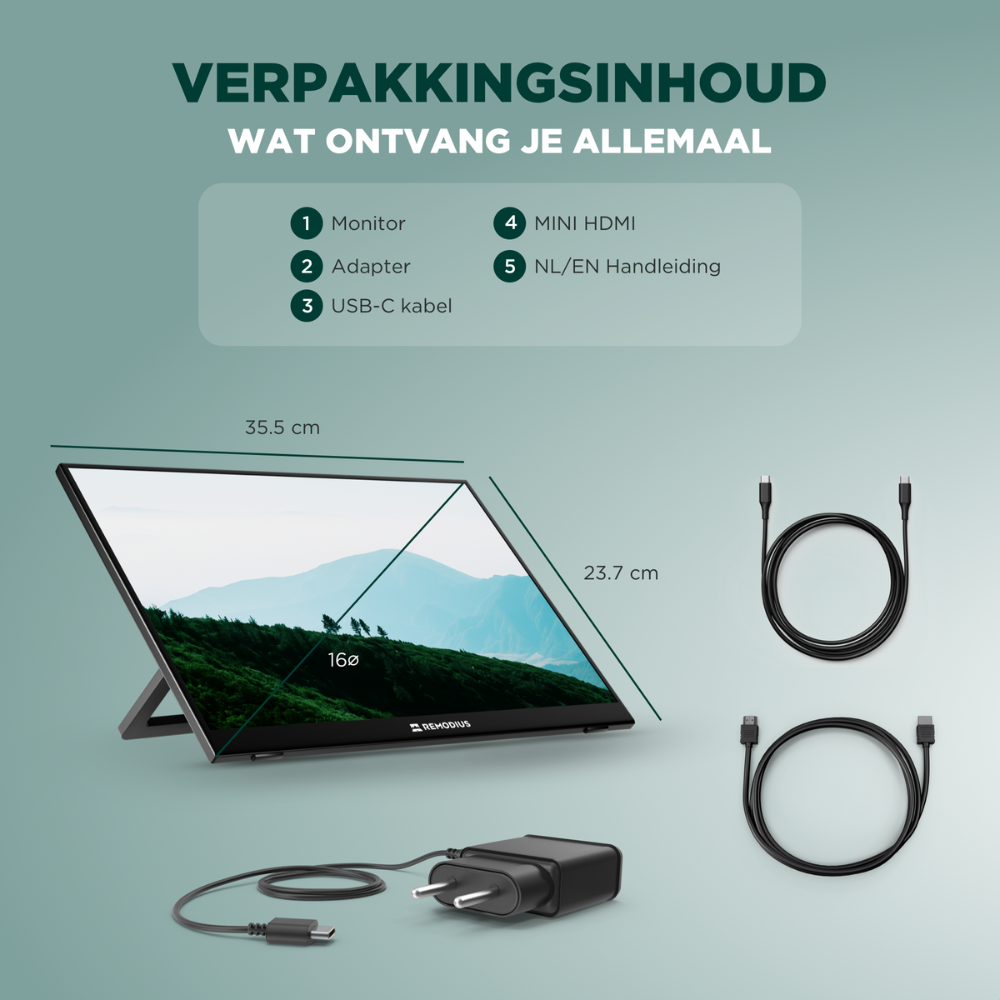 Remodius draagbare monitor 16 inch – 2.5K IPS, USB-C en HDMI
