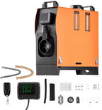 Oranje diesel luchtverwarmer met LCD-scherm, afstandsbediening, brandstofmeter en toebehoren.