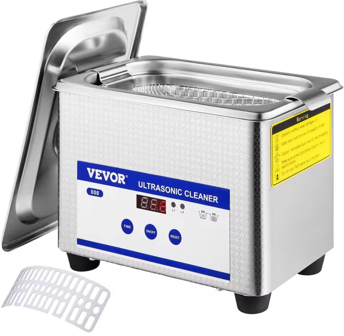 VEVOR ultrasone reiniger met digitaal display, tijdsinstelling, aan/uit en reset knoppen. Inclusief deksel en mandje.