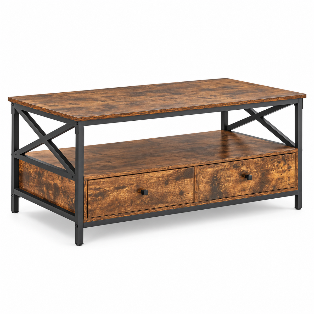 Luxe Salontafel - Woonkamertafel - Industrieel Salontafels - Met 2 Lade - voor Woonkamer - Vintage Bruin Zwart - 100 x 55 x 45 cm – witte achtergrond