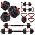 Verstelbare dumbbells, kettlebell, push-up bar en halterstang met zwarte gewichten en rode accenten.