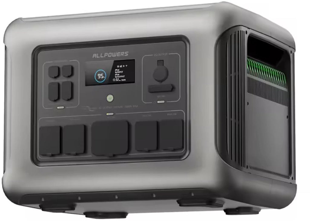 Grijze draagbare power station met een digitaal display en diverse poorten. Zijaanzicht.