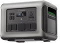 Grijze draagbare power station met een digitaal display en diverse poorten. Zijaanzicht.