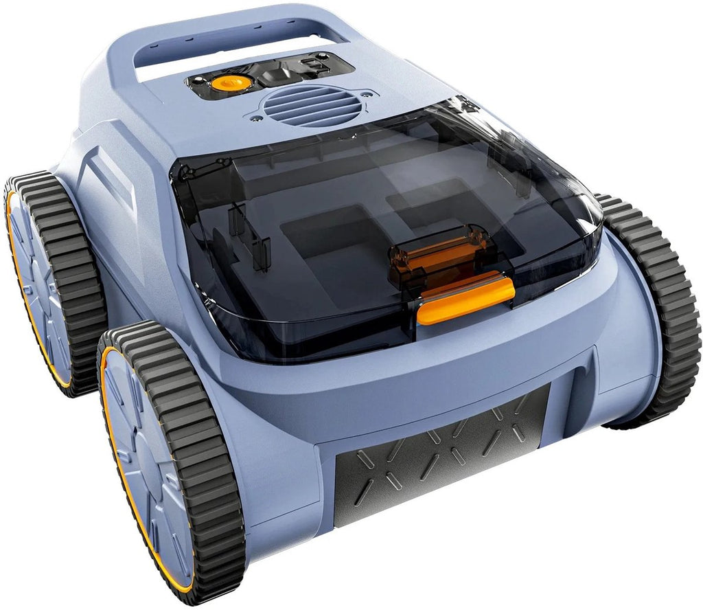 Lichtblauwe robotstofzuiger met twee grote wielen aan elke kant en een transparant deksel. Grijze accenten op de voorkant.
