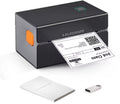 Compacte zwarte labelprinter met oranje knop, print een 2e klas etiket. Inclusief gebruikershandleiding en USB-stick.