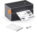 Compacte zwarte labelprinter met oranje knop, print een 2e klas etiket. Inclusief gebruikershandleiding en USB-stick.