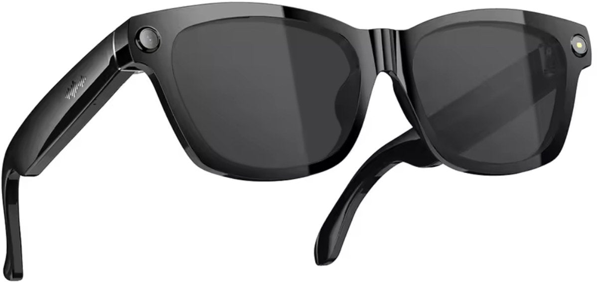 Zwarte smartglazen met camera's aan de zijkanten, op een witte achtergrond.