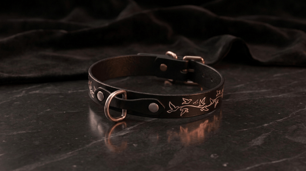 Leather Bird Pattern Collar | Leather Choker O-Ring Buckle 12-16.
