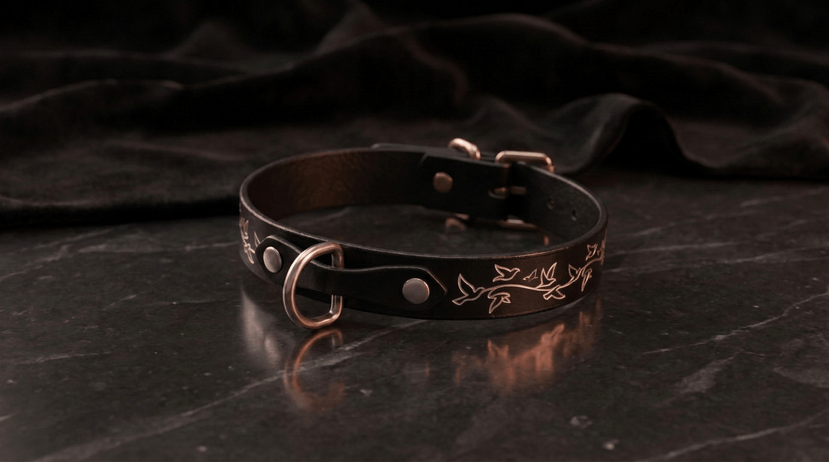 Leather Bird Pattern Collar | Leather Choker O-Ring Buckle 12-16.