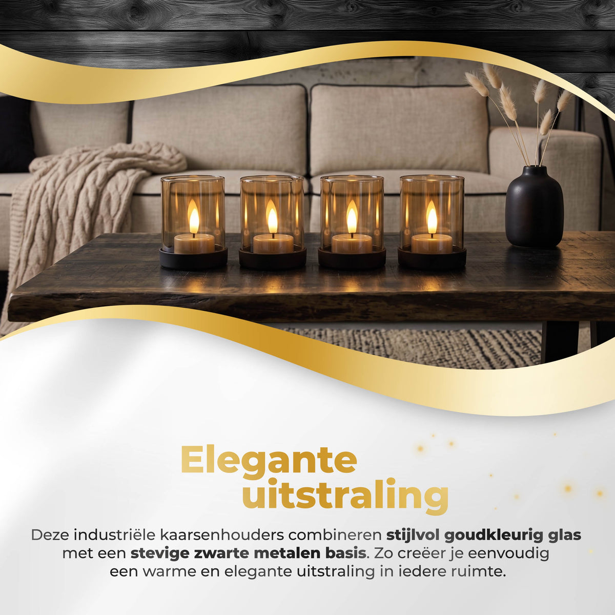 KENN® Glazen Waxinelichthouders – Set van 4 – Goud