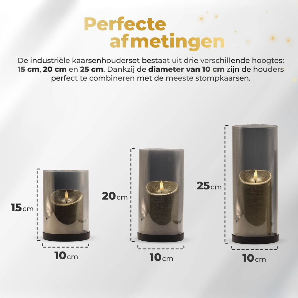 KENN® Glazen Kaarsenhouders – Set van 3 – Rookglas