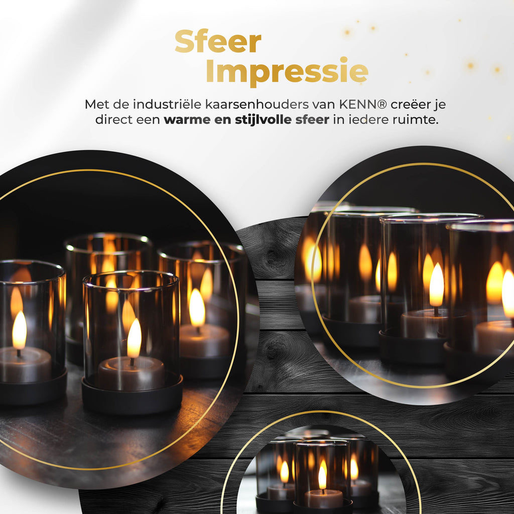 KENN® Glazen Waxinelichthouders – Set van 4 – Rookglas