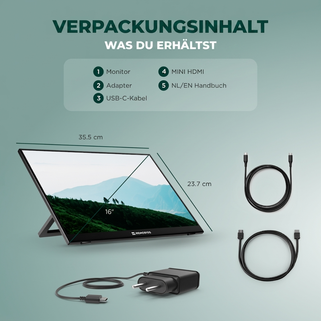 Remodius draagbare monitor 16 inch – 2.5K IPS, USB-C en HDMI