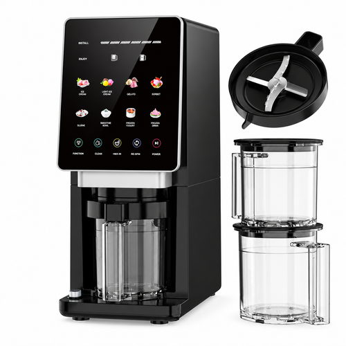 IJsmachine - KF-2501G1 – 8-in-1 Multifunctionele IJsbereiding - Zelfreinigend, 1800W, 650ml, voor IJs, Gelato, Sorbet & Smoothies - Incl. 3 Bekers op witte achtergrond