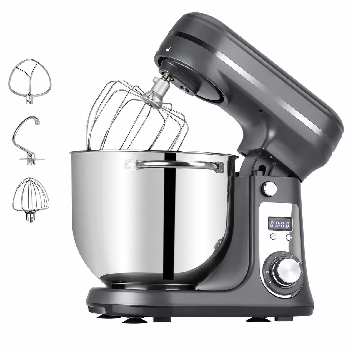 Biolomix Keukenmachine - Keukenmixer - Foodprocessor - Mixer - Blender - Stille motor - Keukenmachines - Mixer met mengkom - Mixers - 6L kom - 1200W - Grijs op witte achtergrond