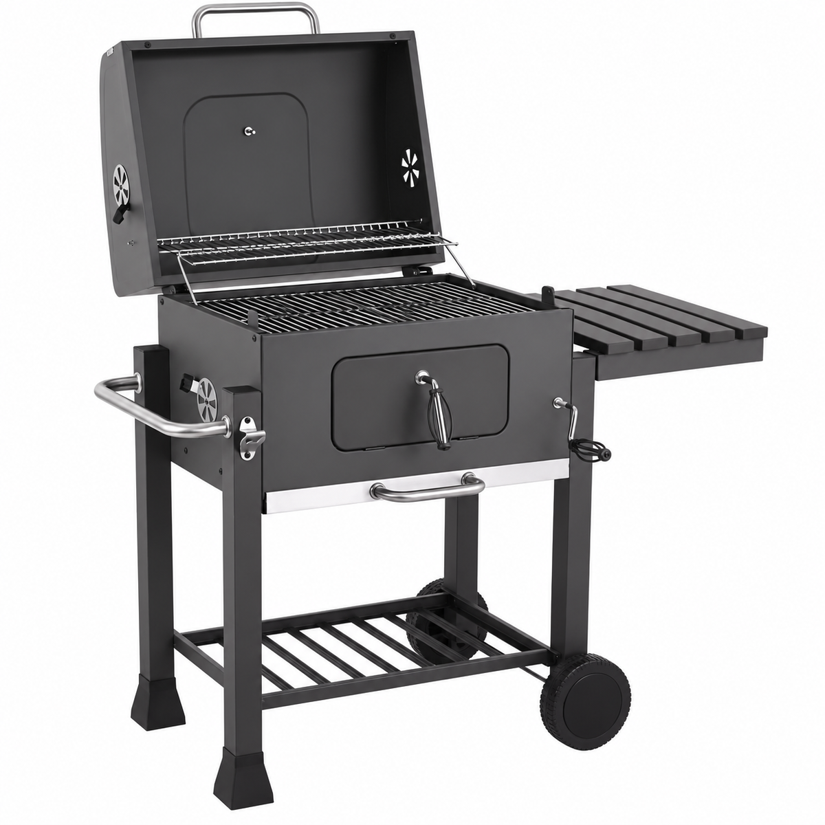 Houtskoolgrill met opvouwbare bijzettafel -  BBQ-grill -  buitenpicknicks -  achtertuingrillen op witte achtergrond