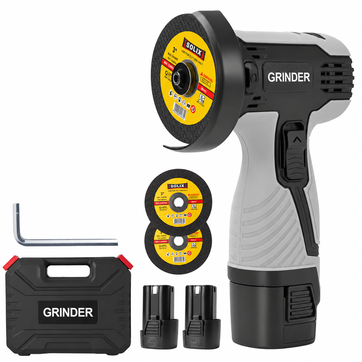 Draadloze Haakse Slijper 12V – 19500 RPM Mini Grinder – Accu Slijpmachine voor Metaal, Tegels & Snijden op witte achtergrond